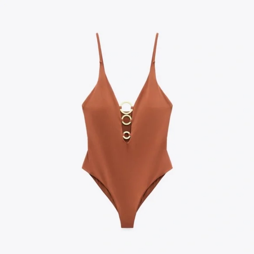 ZARA LIMITED EDITION GEOMETRIC PIECE SWIMSUIT IN TAUPE BROWN